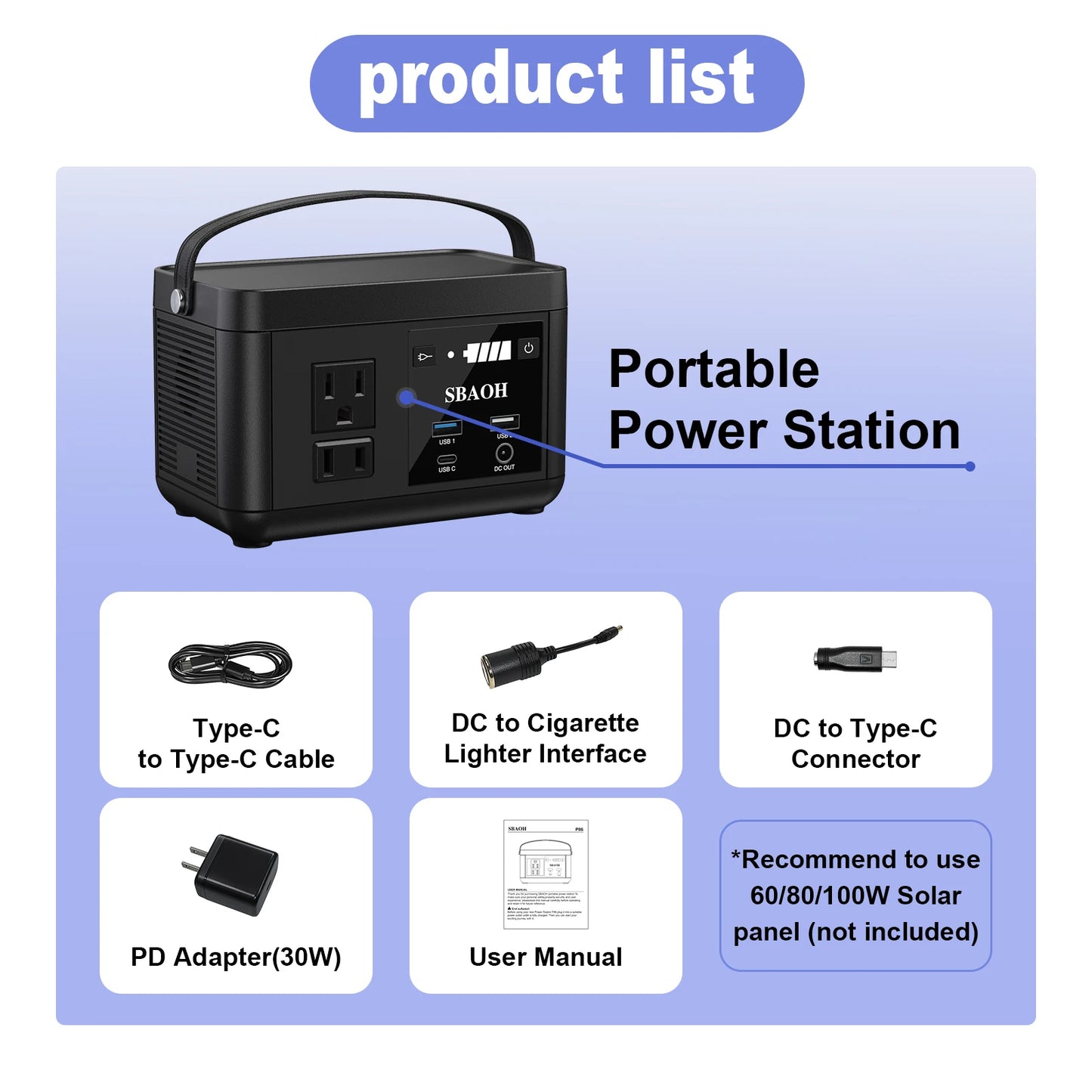 SBAOH Portable Powerstation 88.8Wh,Camping Power Station with 120W (peak 150W) AC Output,Power Solar Generator for Outdoor RV