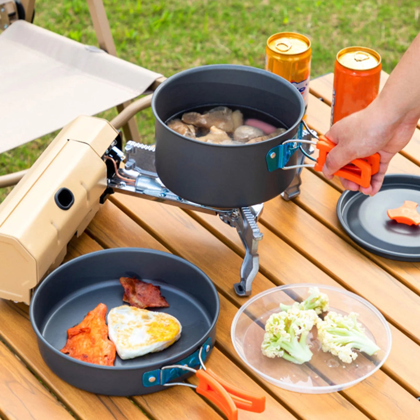 3pcs Camping Cookware Set Portable Non-Stick Aluminum Alloy Pot Pan 1.1L Kettle kit for Outdoor Survival Cooking Supplies