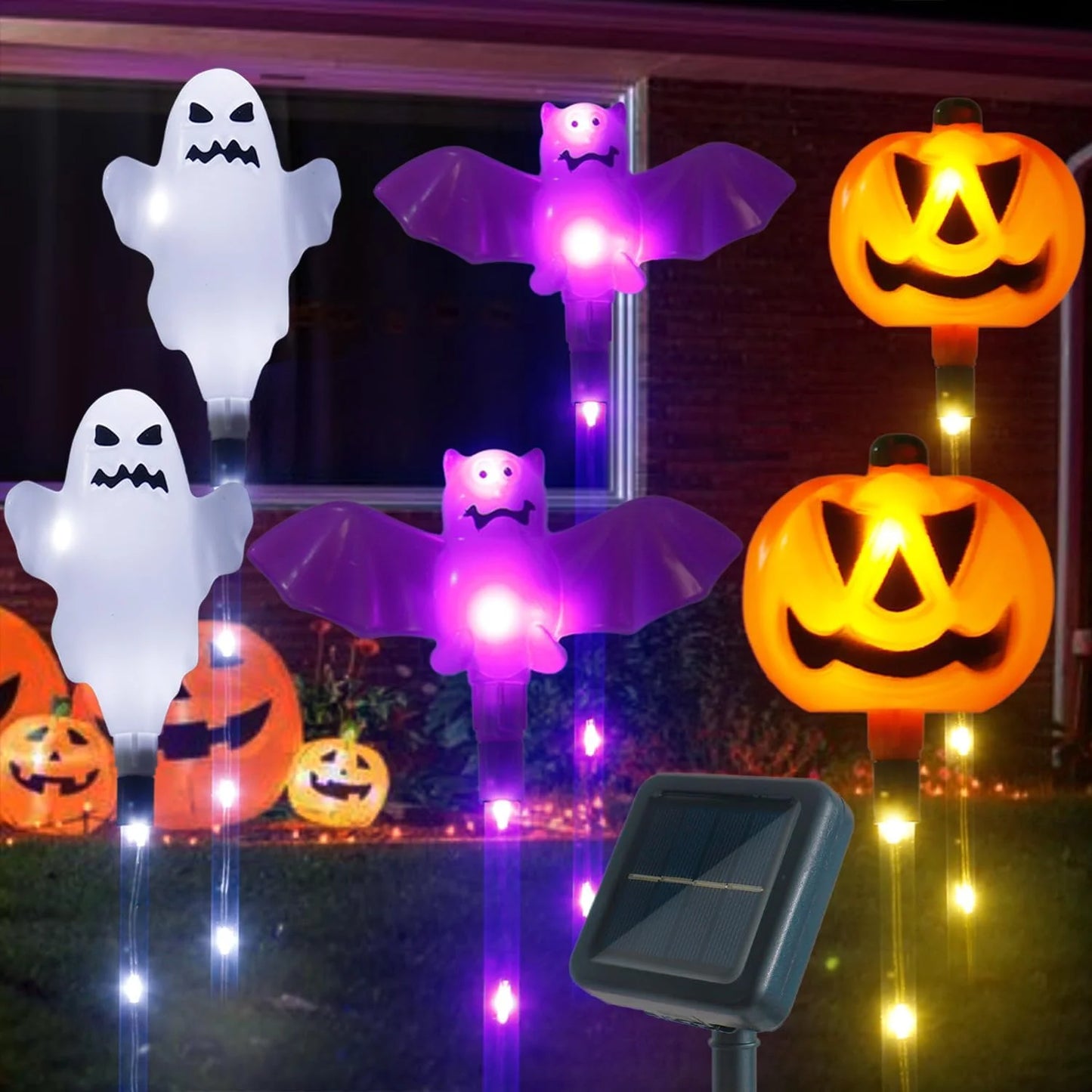 6pcs/Set Solar Powered 8 LED Pumpkin Bat Ghost Garden Stake Light Halloween Outdoor Landscape Lamp For Home Yard Halloween Decor