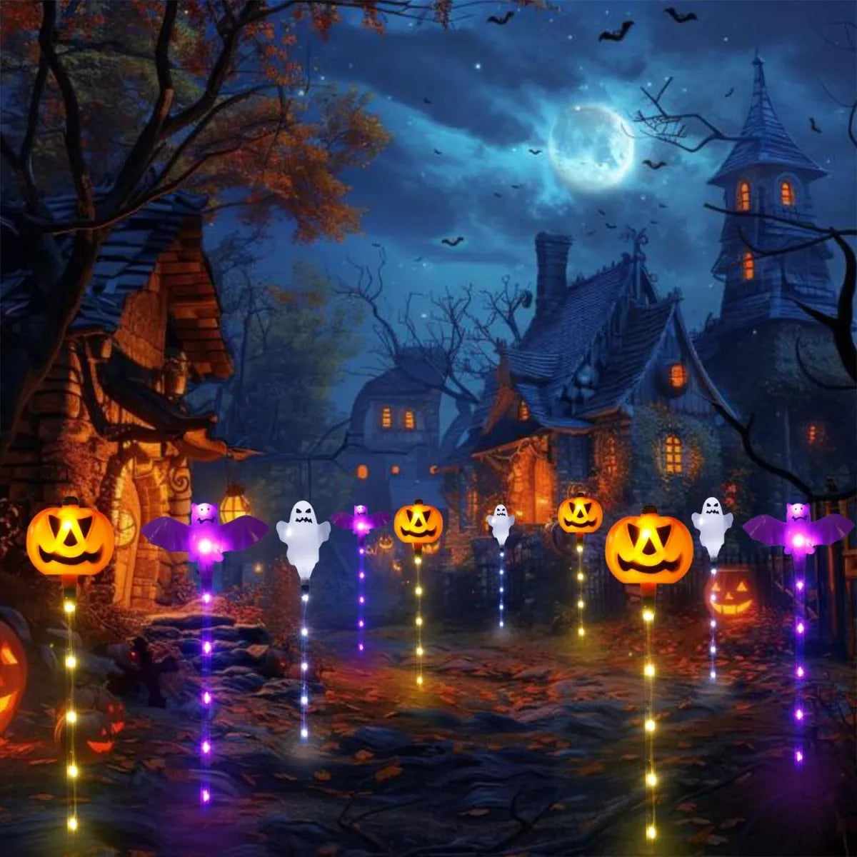 6pcs/Set Solar Powered 8 LED Pumpkin Bat Ghost Garden Stake Light Halloween Outdoor Landscape Lamp For Home Yard Halloween Decor