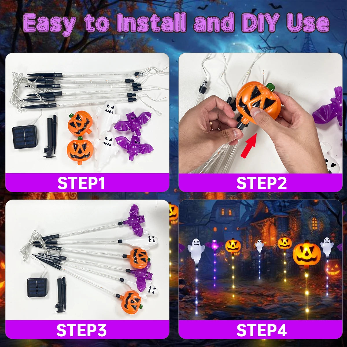 6pcs/Set Solar Powered 8 LED Pumpkin Bat Ghost Garden Stake Light Halloween Outdoor Landscape Lamp For Home Yard Halloween Decor