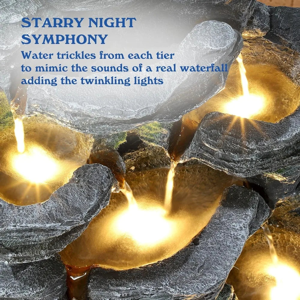 7-Tiers Garden Waterfall Fountain Outdoor - Water Fountains and Waterfalls, Outdoor/Indoor Floor Style Resin Fountain with LED L