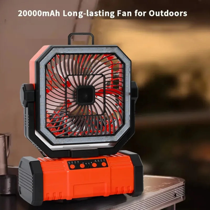 20000mAh Camping Fan Battery Powered Fan LED Lights 4-speed Adjustable Office Fan Portable Outdoor Tent Hook Fan Construction