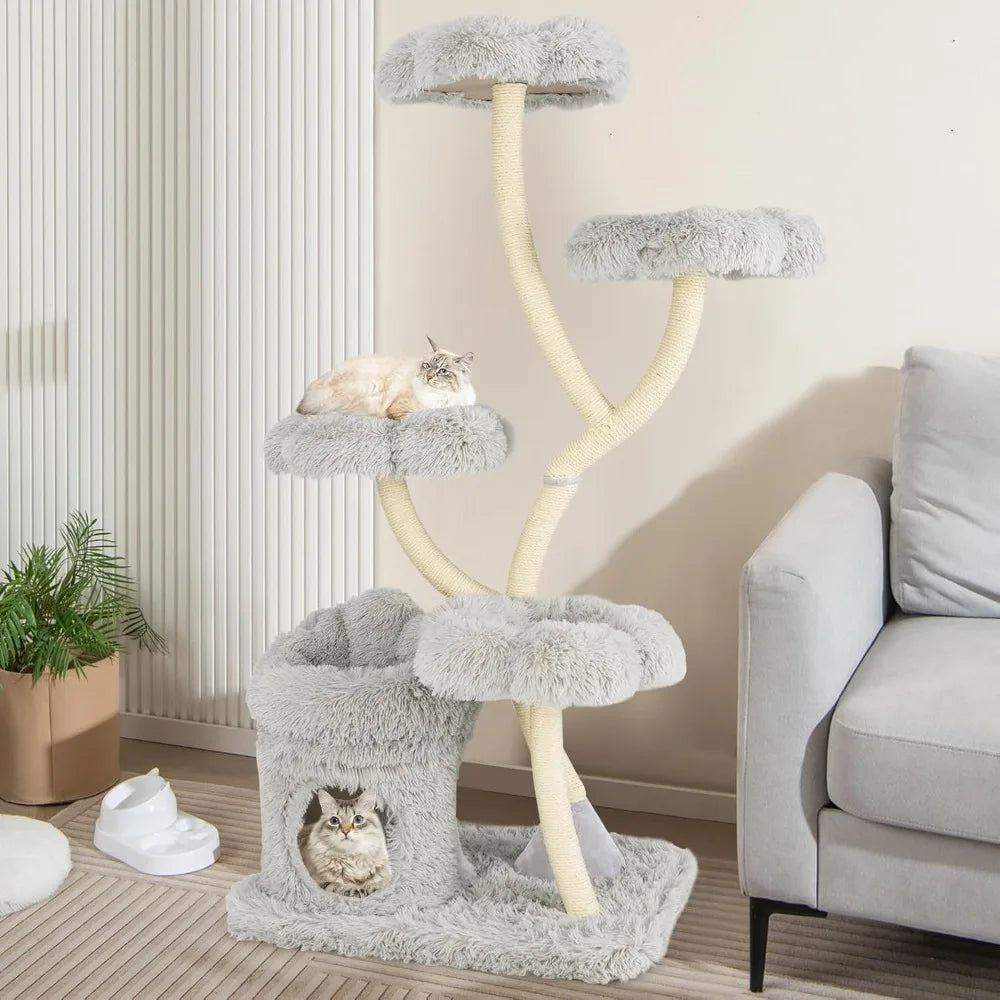 PETSITE 65 Inch Tall Cat Tree, Multi-Level Modern Cat Tree Tower with Sisal Scratching Posts, Cat Condo, Soft Long Plush Covered