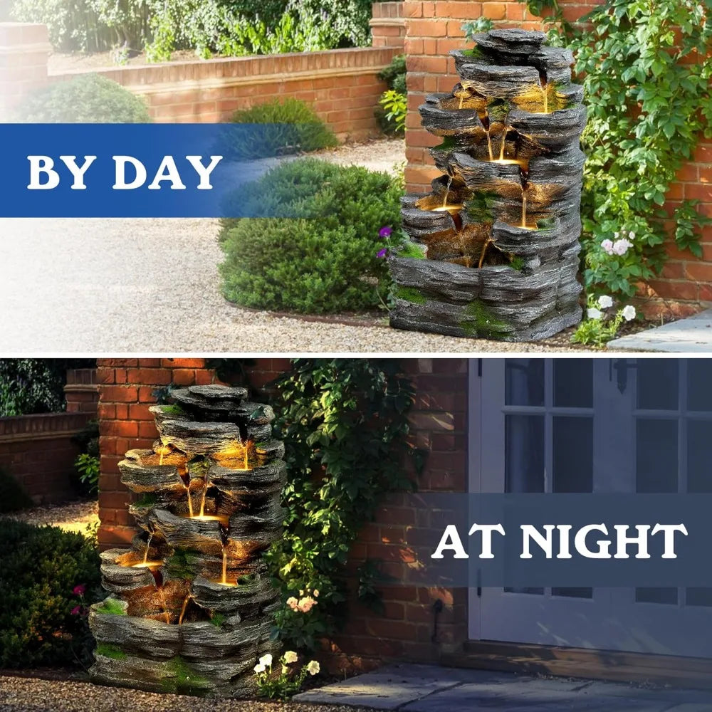 7-Tiers Garden Waterfall Fountain Outdoor - Water Fountains and Waterfalls, Outdoor/Indoor Floor Style Resin Fountain with LED L