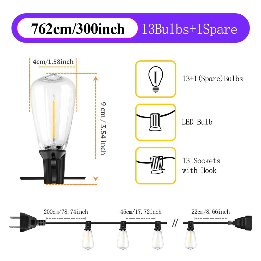 50ft/100ft/25ft LED Outdoor String Lights - 2200K, Shatterproof ST38 Bulbs, Dimmable & Connectable, Warm White for Garden, Porc
