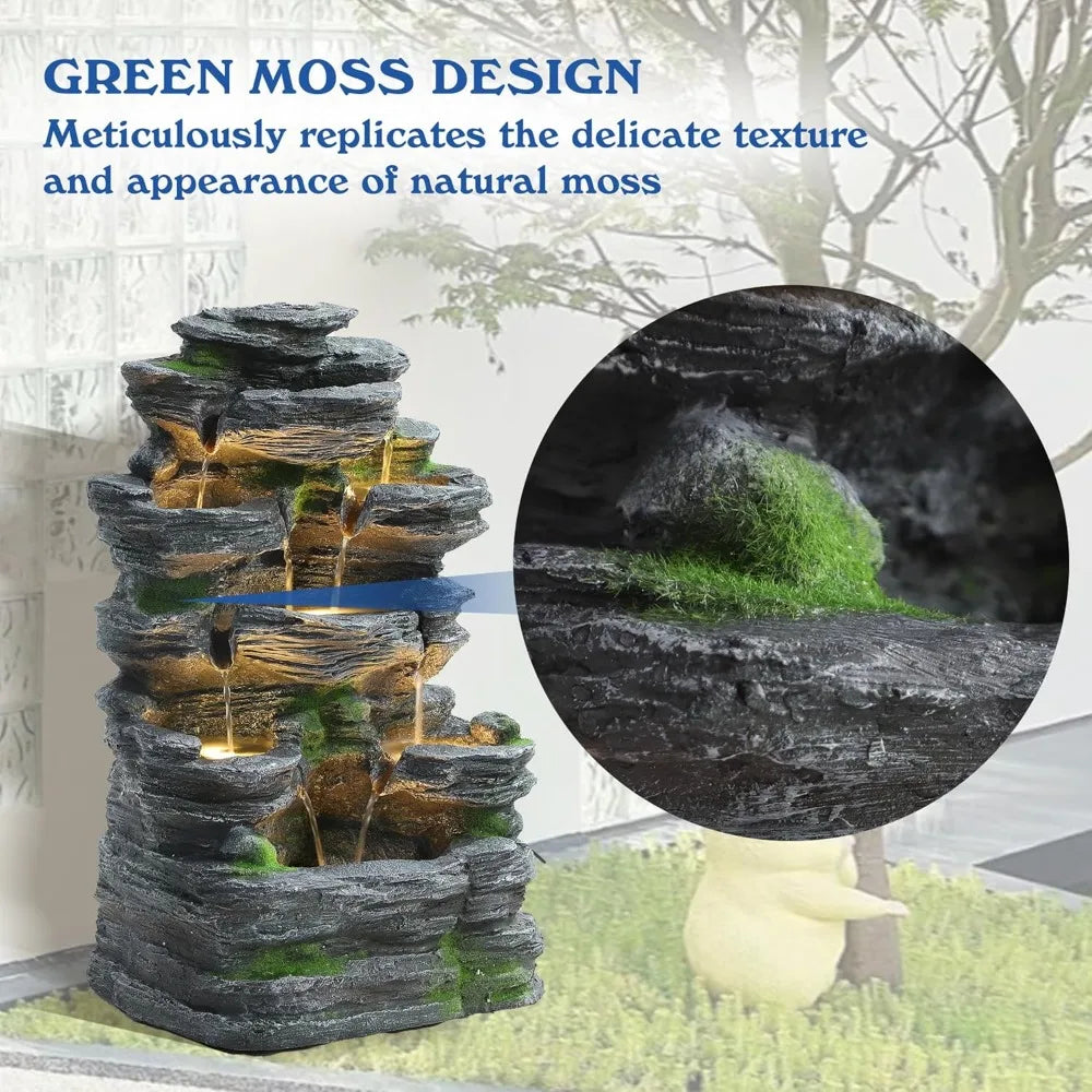 7-Tiers Garden Waterfall Fountain Outdoor - Water Fountains and Waterfalls, Outdoor/Indoor Floor Style Resin Fountain with LED L