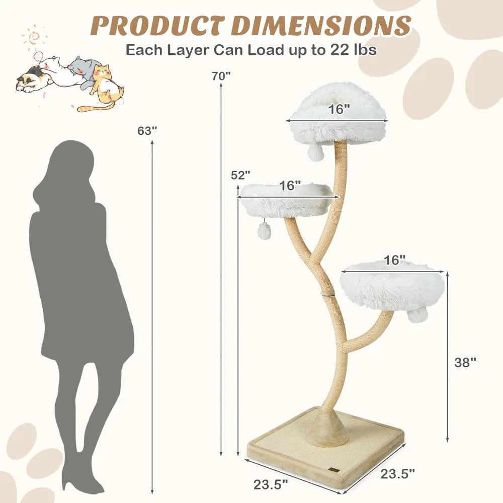 PETSITE 70" Tall Cat Tree, Cat Tower with Scratching Posts and Board, Multi-Level Cat Tower for Large Cats 20 lbs+ with 3 Cozy P