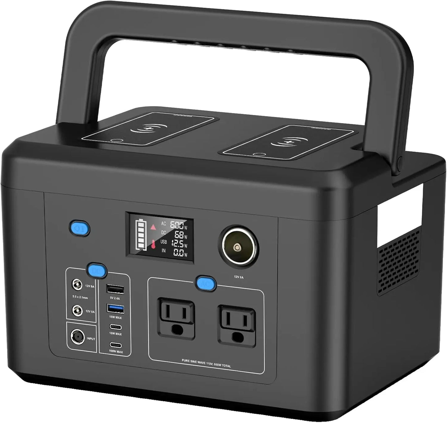Powkey 600W Portable Power Station 296Wh Battery Backup with 2 Pure Sine Wave AC Outlets Solar Generator for Outdoor Camping RV