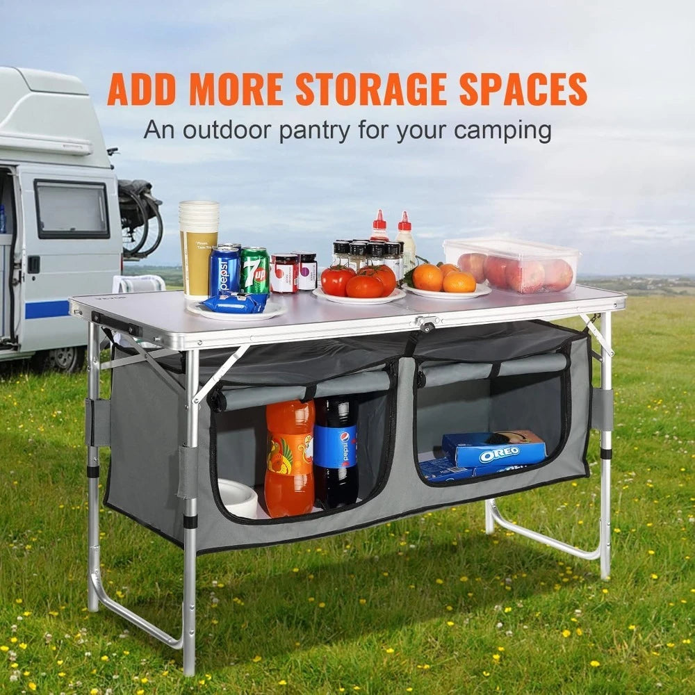 NEW -Camping Kitchen Station, 3 Adjustable Height Folding Outdoor Camp Cooking Table with Storage Organizer, Quick Set-up- Best