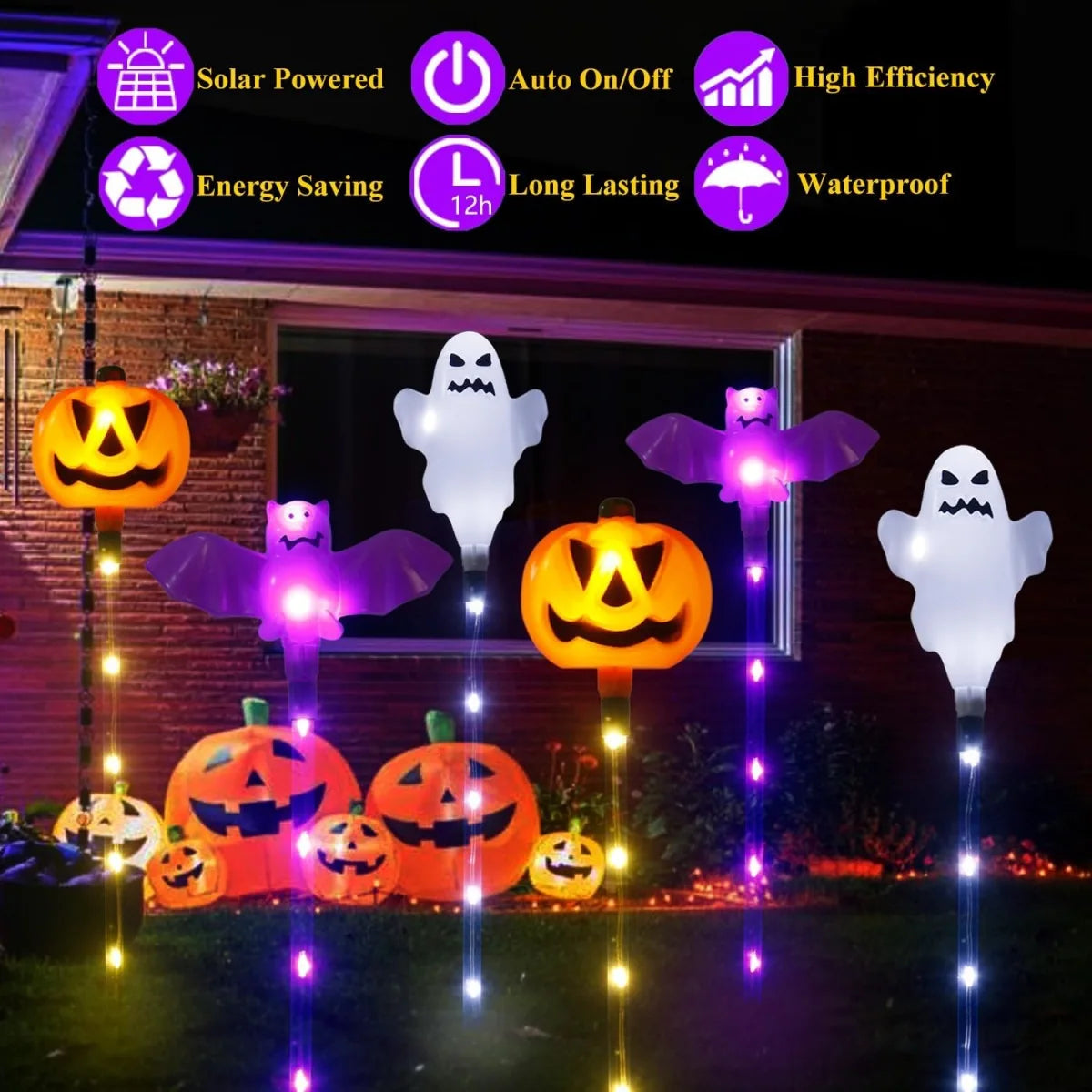 6pcs/Set Solar Powered 8 LED Pumpkin Bat Ghost Garden Stake Light Halloween Outdoor Landscape Lamp For Home Yard Halloween Decor