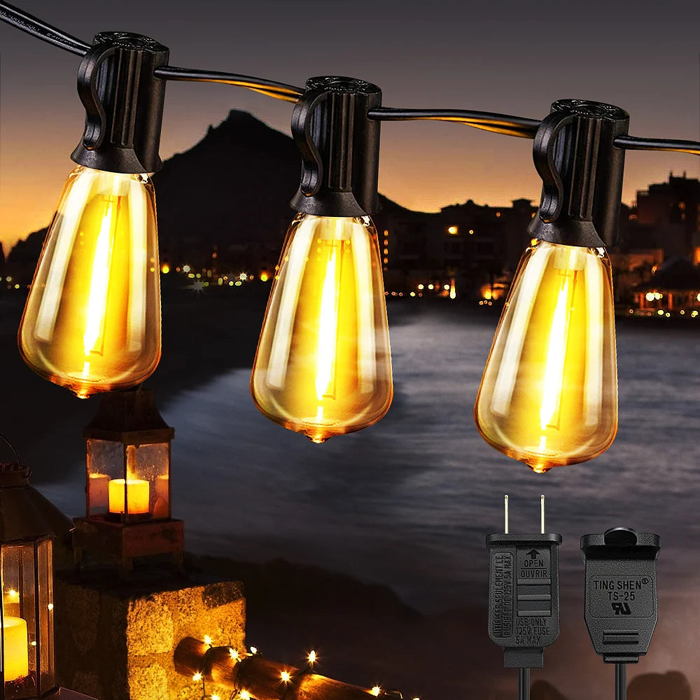 50ft/100ft/25ft LED Outdoor String Lights - 2200K, Shatterproof ST38 Bulbs, Dimmable & Connectable, Warm White for Garden, Porc