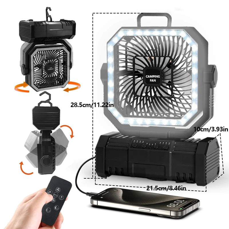 20000mAh Camping Fan Battery Powered Fan LED Lights 4-speed Adjustable Office Fan Portable Outdoor Tent Hook Fan Construction