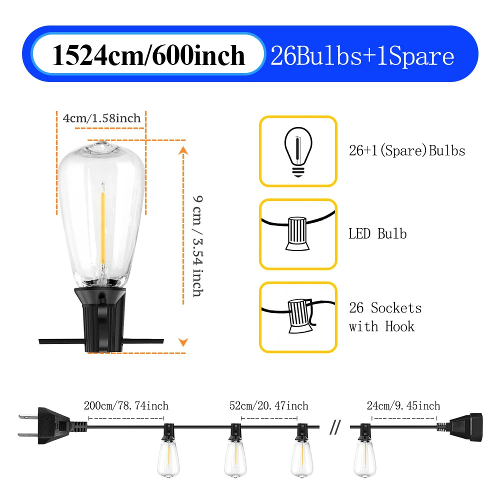 50ft/100ft/25ft LED Outdoor String Lights - 2200K, Shatterproof ST38 Bulbs, Dimmable & Connectable, Warm White for Garden, Porc