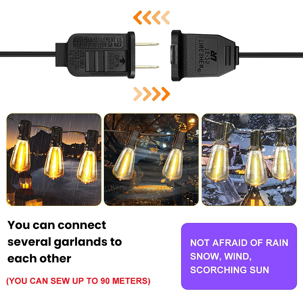 50ft/100ft/25ft LED Outdoor String Lights - 2200K, Shatterproof ST38 Bulbs, Dimmable & Connectable, Warm White for Garden, Porc