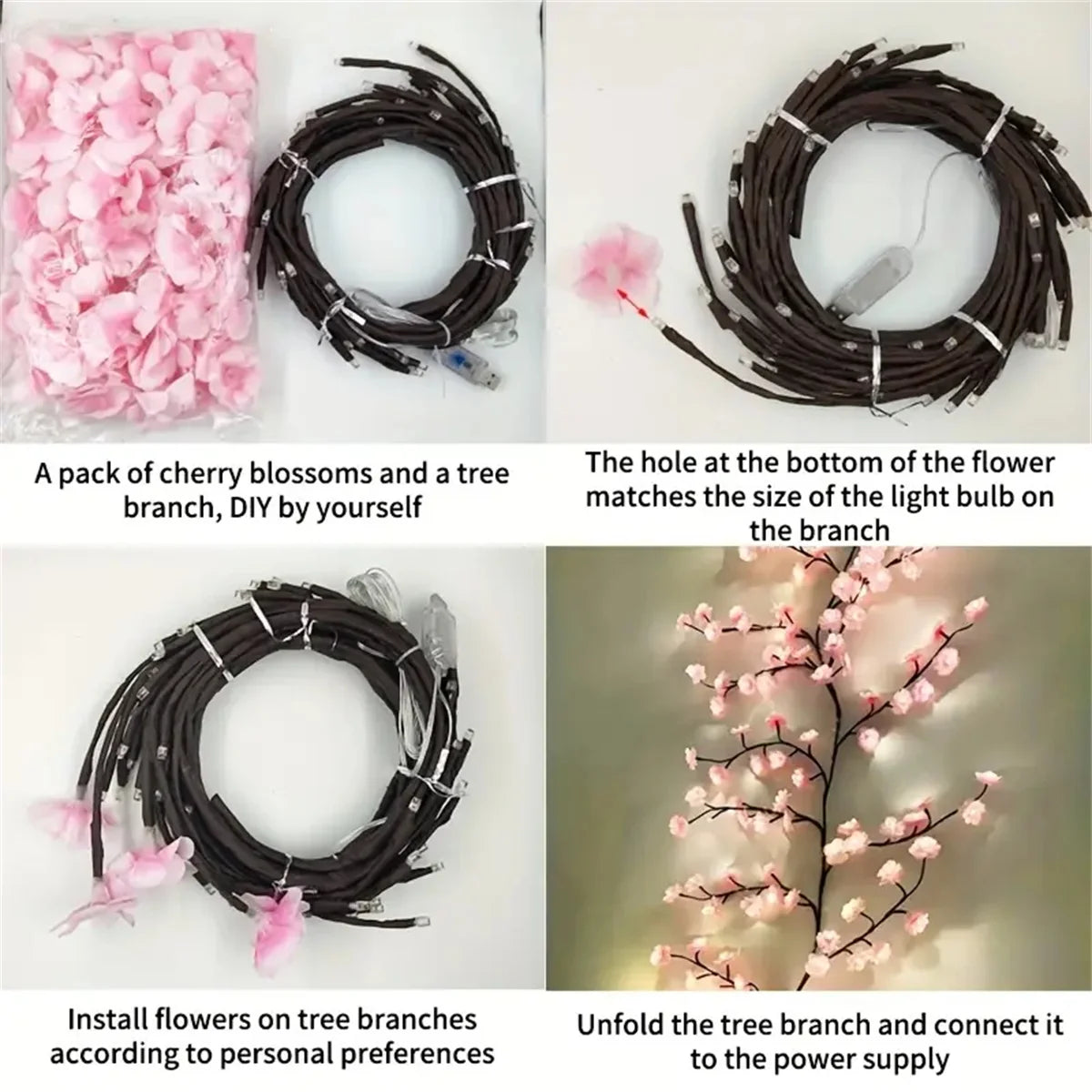 72/96 LED USB cherry blossom vine string lights with 8-mode DIY plastic flower theme for parties weddings outdoor decoration