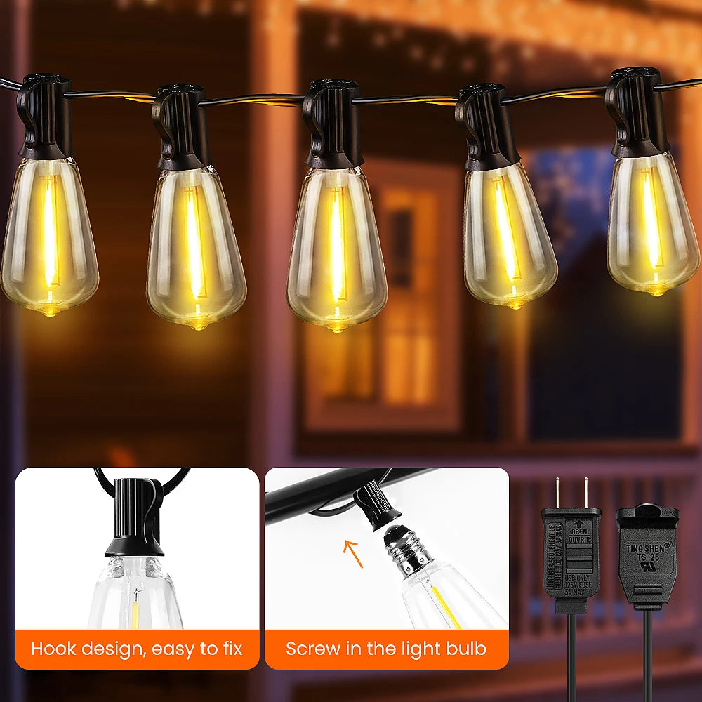 50ft/100ft/25ft LED Outdoor String Lights - 2200K, Shatterproof ST38 Bulbs, Dimmable & Connectable, Warm White for Garden, Porc