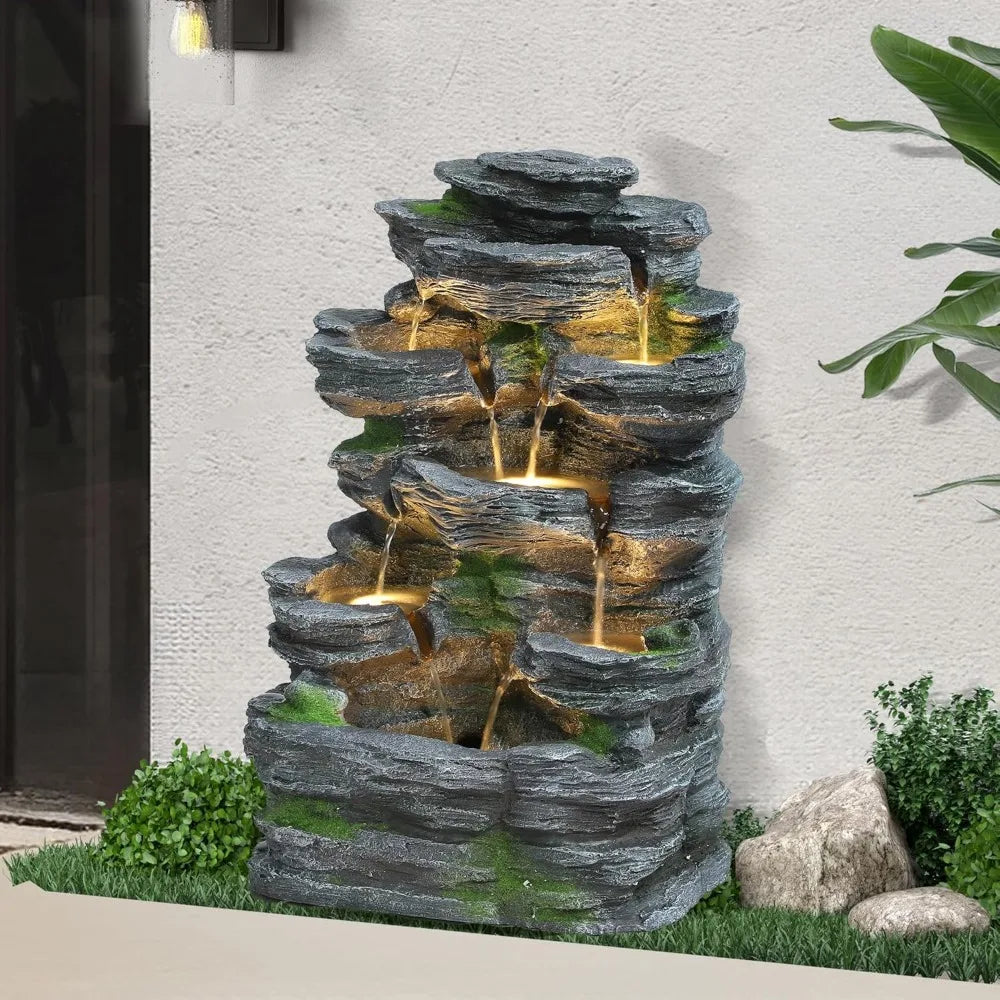 7-Tiers Garden Waterfall Fountain Outdoor - Water Fountains and Waterfalls, Outdoor/Indoor Floor Style Resin Fountain with LED L