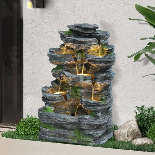 7-Tiers Garden Waterfall Fountain Outdoor - Water Fountains and Waterfalls, Outdoor/Indoor Floor Style Resin Fountain with LED L