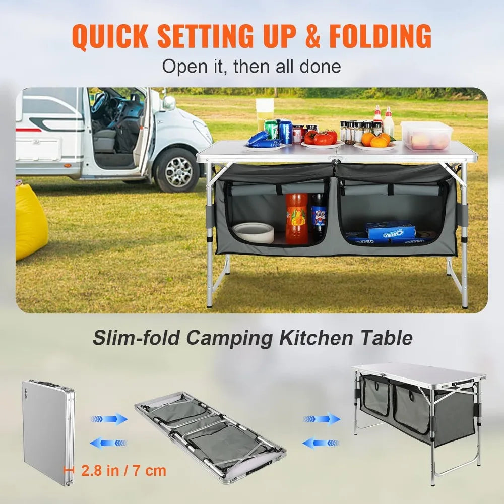NEW -Camping Kitchen Station, 3 Adjustable Height Folding Outdoor Camp Cooking Table with Storage Organizer, Quick Set-up- Best