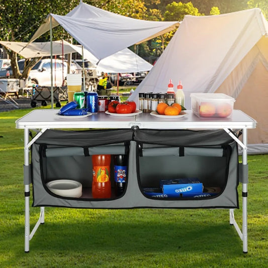 NEW -Camping Kitchen Station, 3 Adjustable Height Folding Outdoor Camp Cooking Table with Storage Organizer, Quick Set-up- Best