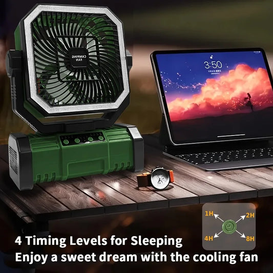 20000mAh Camping Fan Battery Powered Fan LED Lights 4-speed Adjustable Office Fan Portable Outdoor Tent Hook Fan Construction