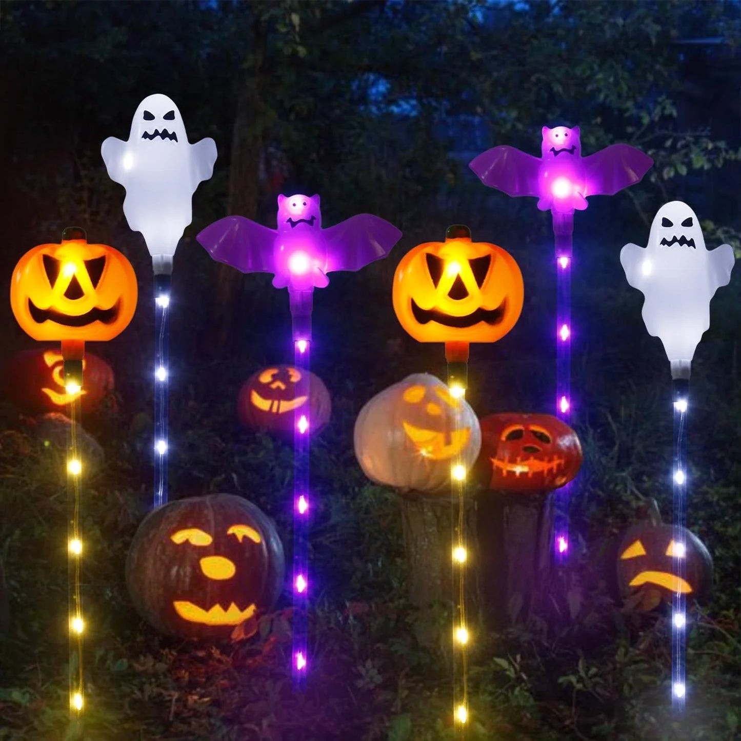 6pcs/Set Solar Powered 8 LED Pumpkin Bat Ghost Garden Stake Light Halloween Outdoor Landscape Lamp For Home Yard Halloween Decor