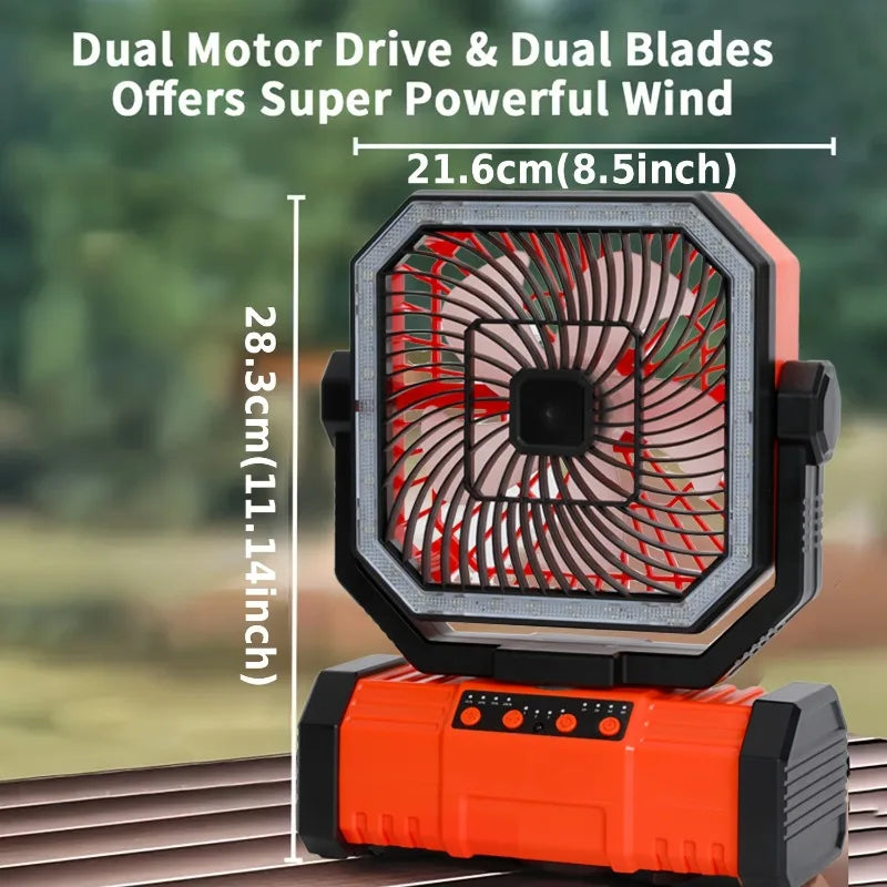 20000mAh Camping Fan Battery Powered Fan LED Lights 4-speed Adjustable Office Fan Portable Outdoor Tent Hook Fan Construction