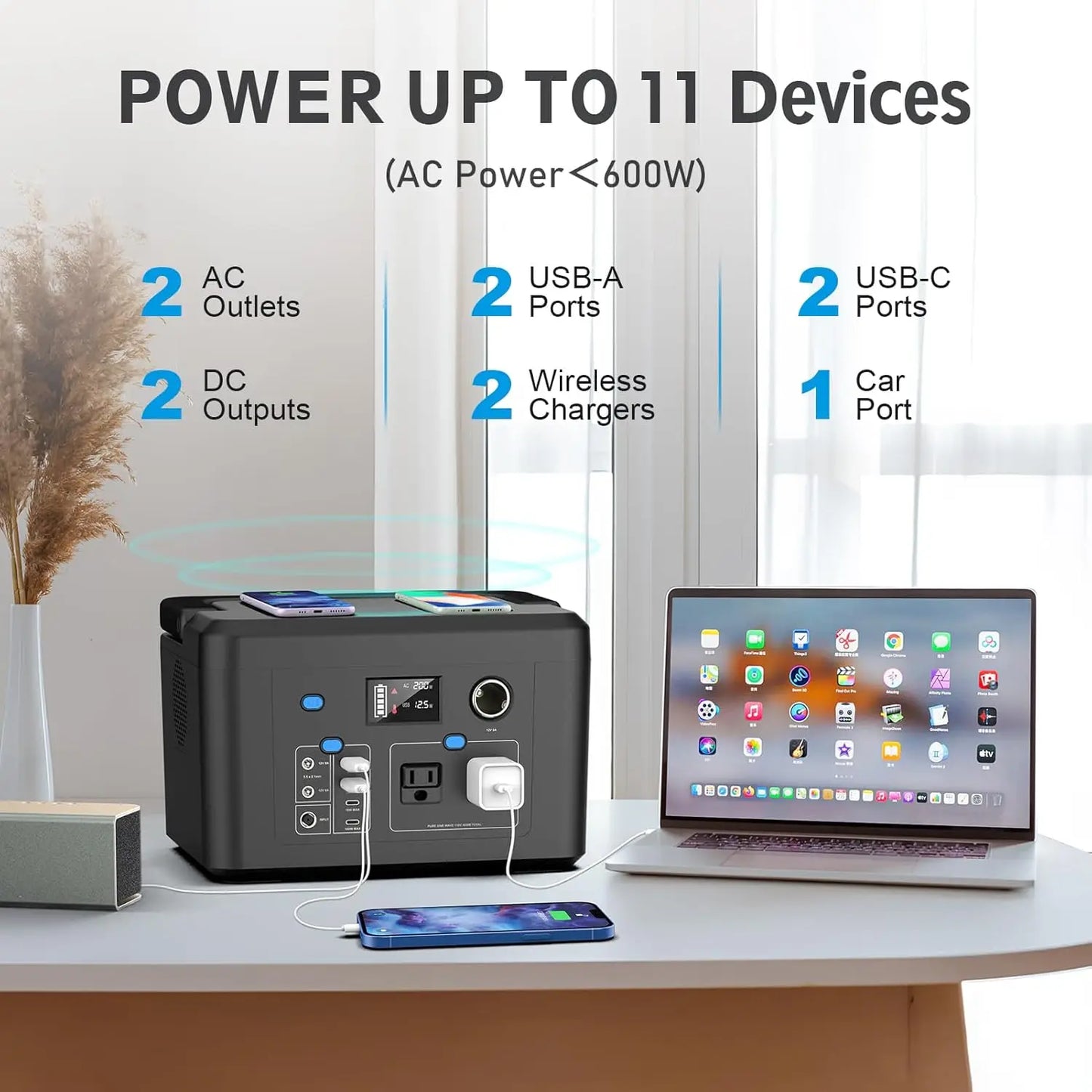 Powkey 600W Portable Power Station 296Wh Battery Backup with 2 Pure Sine Wave AC Outlets Solar Generator for Outdoor Camping RV