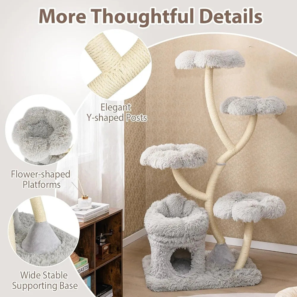 PETSITE 65 Inch Tall Cat Tree, Multi-Level Modern Cat Tree Tower with Sisal Scratching Posts, Cat Condo, Soft Long Plush Covered