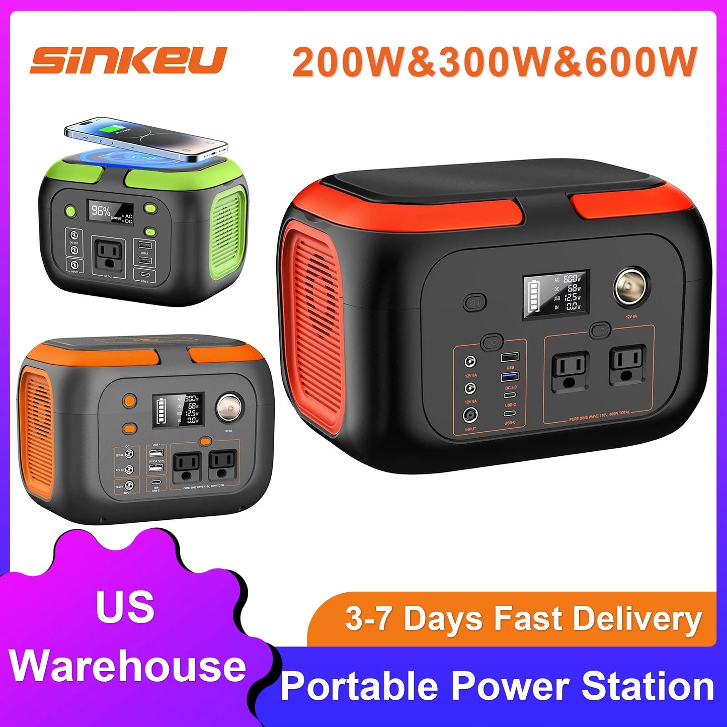 600W/300W/200W Portable Power Station,110V AC Outlets Solar Generator Storage Energy Power Bank For Camping Travel RV Trip Home