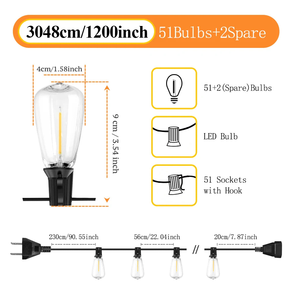 50ft/100ft/25ft LED Outdoor String Lights - 2200K, Shatterproof ST38 Bulbs, Dimmable & Connectable, Warm White for Garden, Porc