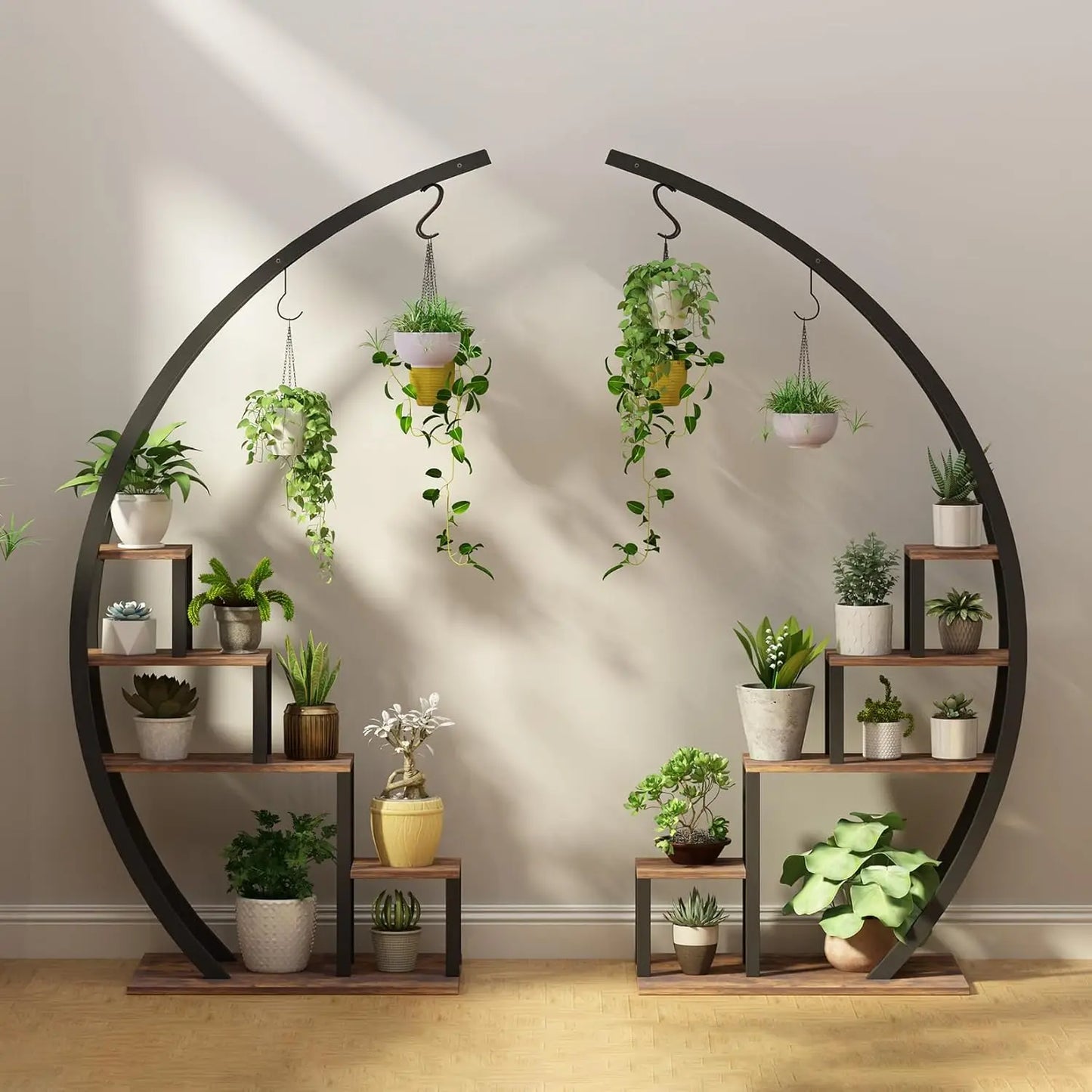 2pcs 5-Tier Metal Plant Stand Indoor Half Moon Shape Tall Garden Plant Holder Round Flower Shelf Rack for Home Patio Lawn Living