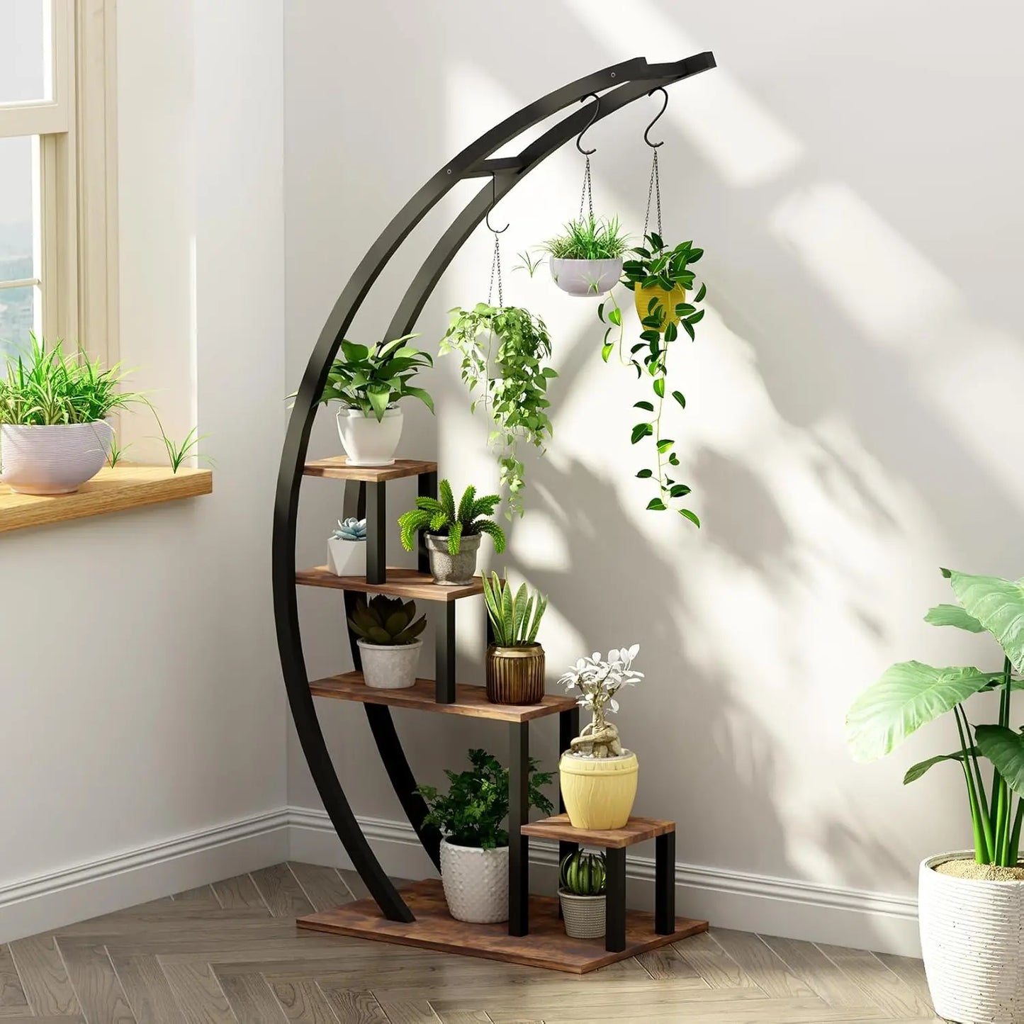 2pcs 5-Tier Metal Plant Stand Indoor Half Moon Shape Tall Garden Plant Holder Round Flower Shelf Rack for Home Patio Lawn Living