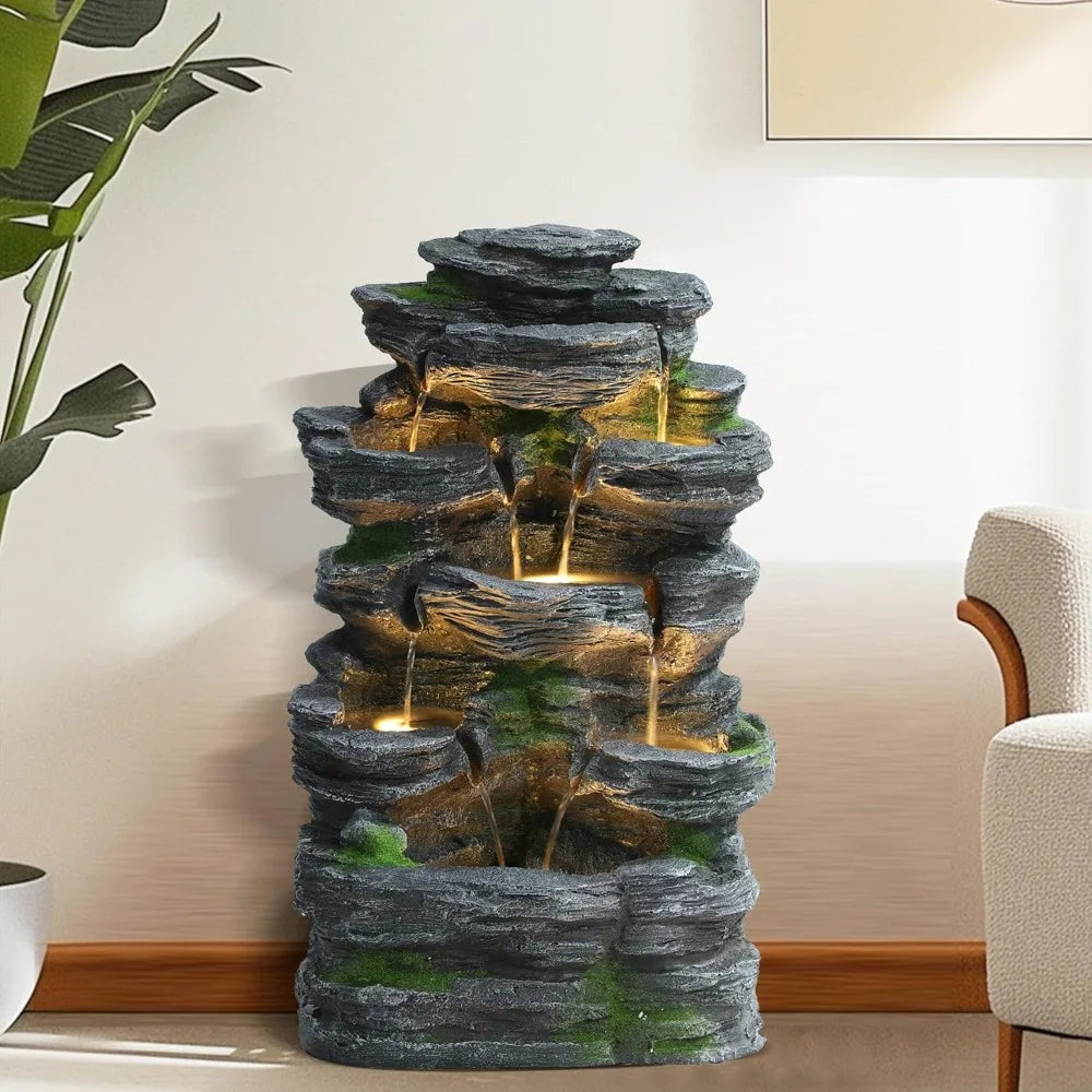 7-Tiers Garden Waterfall Fountain Outdoor - Water Fountains and Waterfalls, Outdoor/Indoor Floor Style Resin Fountain with LED L