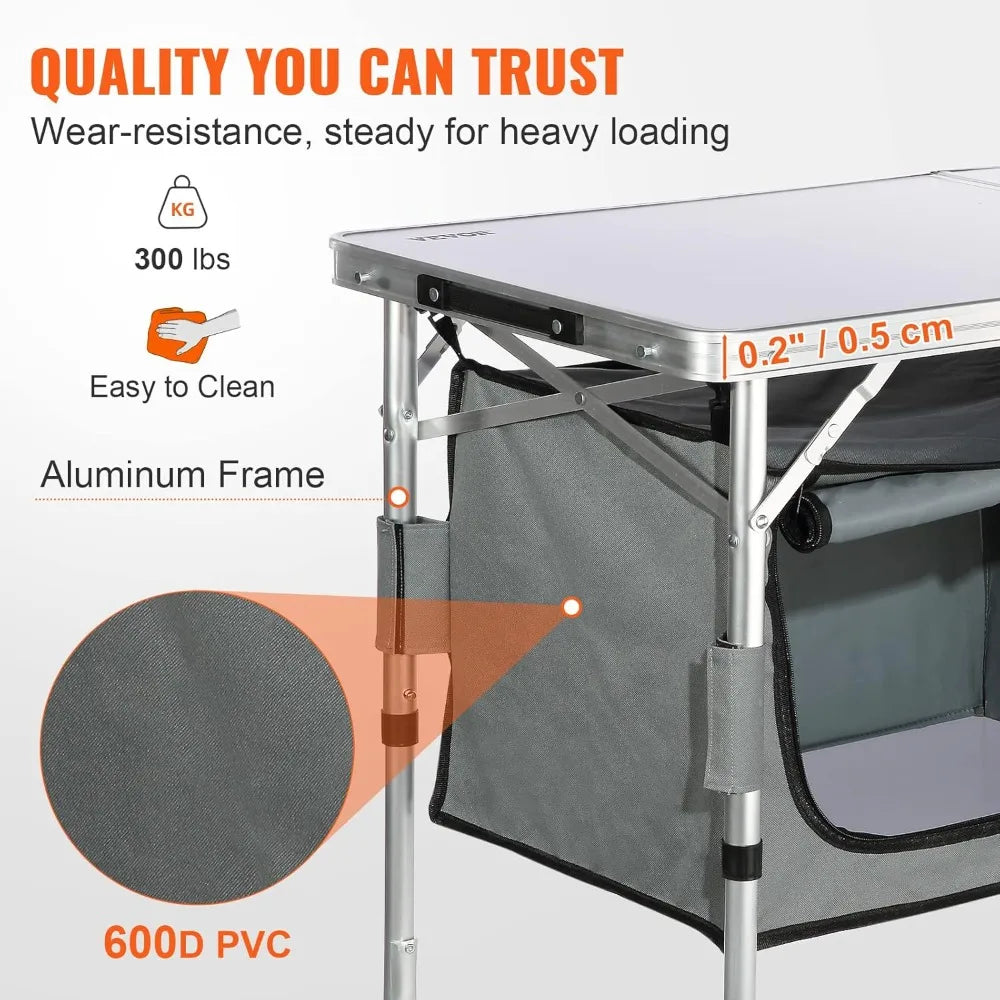 NEW -Camping Kitchen Station, 3 Adjustable Height Folding Outdoor Camp Cooking Table with Storage Organizer, Quick Set-up- Best