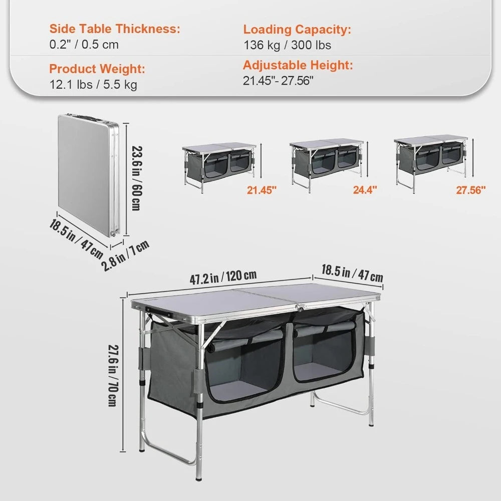 NEW -Camping Kitchen Station, 3 Adjustable Height Folding Outdoor Camp Cooking Table with Storage Organizer, Quick Set-up- Best