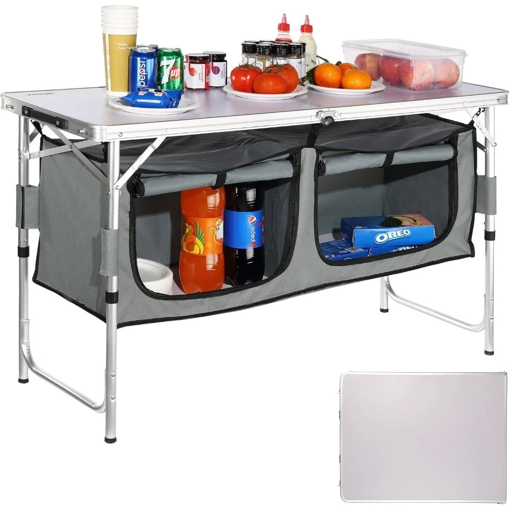 NEW -Camping Kitchen Station, 3 Adjustable Height Folding Outdoor Camp Cooking Table with Storage Organizer, Quick Set-up- Best