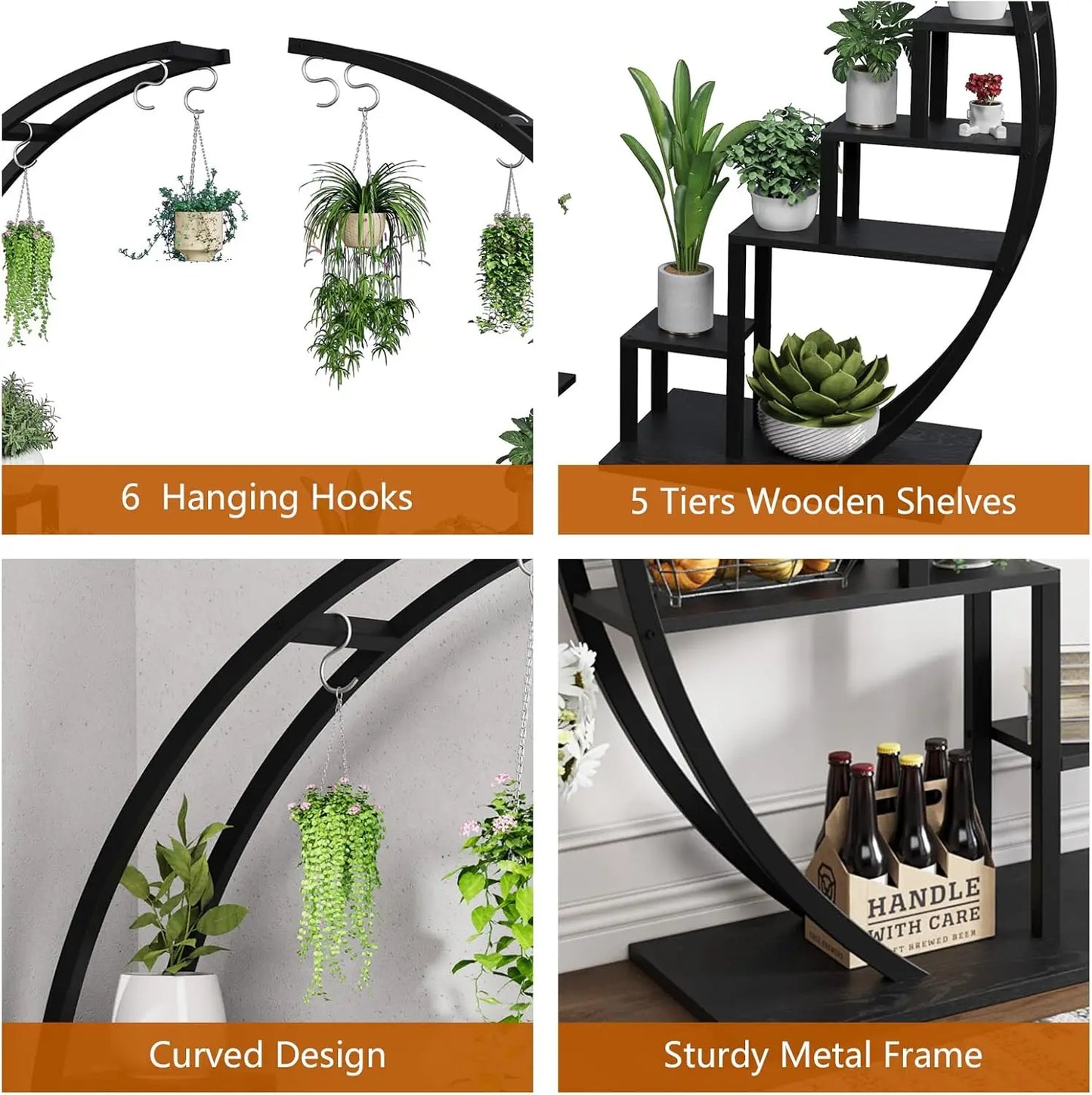 2pcs 5-Tier Metal Plant Stand Indoor Half Moon Shape Tall Garden Plant Holder Round Flower Shelf Rack for Home Patio Lawn Living