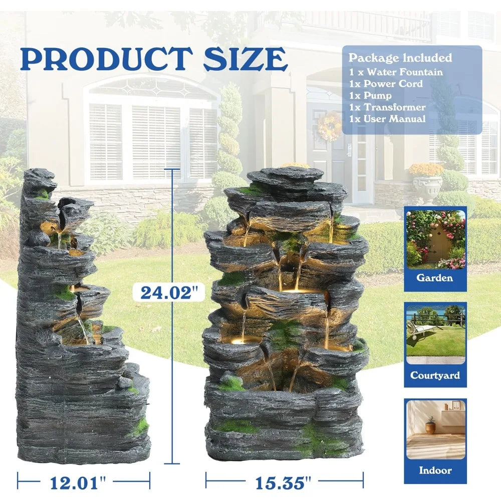 7-Tiers Garden Waterfall Fountain Outdoor - Water Fountains and Waterfalls, Outdoor/Indoor Floor Style Resin Fountain with LED L