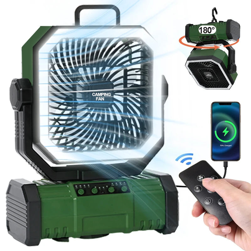 20000mAh Camping Fan Battery Powered Fan LED Lights 4-speed Adjustable Office Fan Portable Outdoor Tent Hook Fan Construction