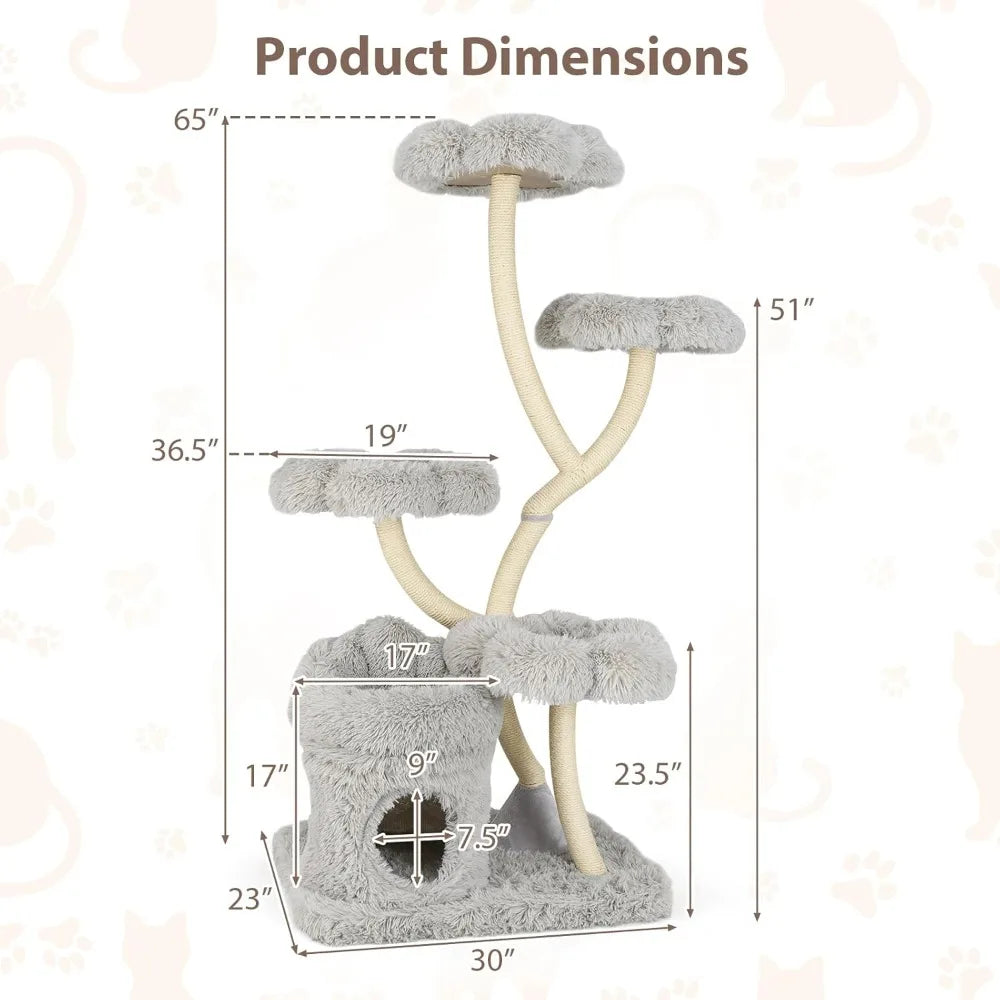 PETSITE 65 Inch Tall Cat Tree, Multi-Level Modern Cat Tree Tower with Sisal Scratching Posts, Cat Condo, Soft Long Plush Covered