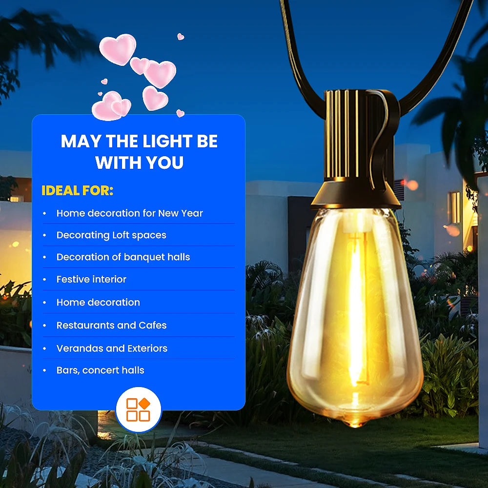 50ft/100ft/25ft LED Outdoor String Lights - 2200K, Shatterproof ST38 Bulbs, Dimmable & Connectable, Warm White for Garden, Porc