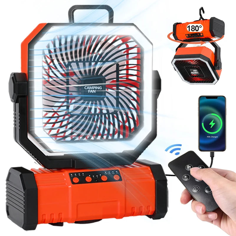 20000mAh Camping Fan Battery Powered Fan LED Lights 4-speed Adjustable Office Fan Portable Outdoor Tent Hook Fan Construction