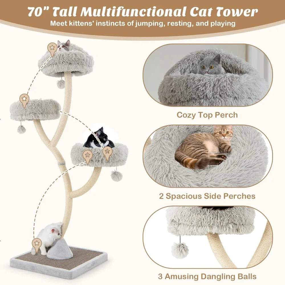 PETSITE 70" Tall Cat Tree, Cat Tower with Scratching Posts and Board, Multi-Level Cat Tower for Large Cats 20 lbs+ with 3 Cozy P