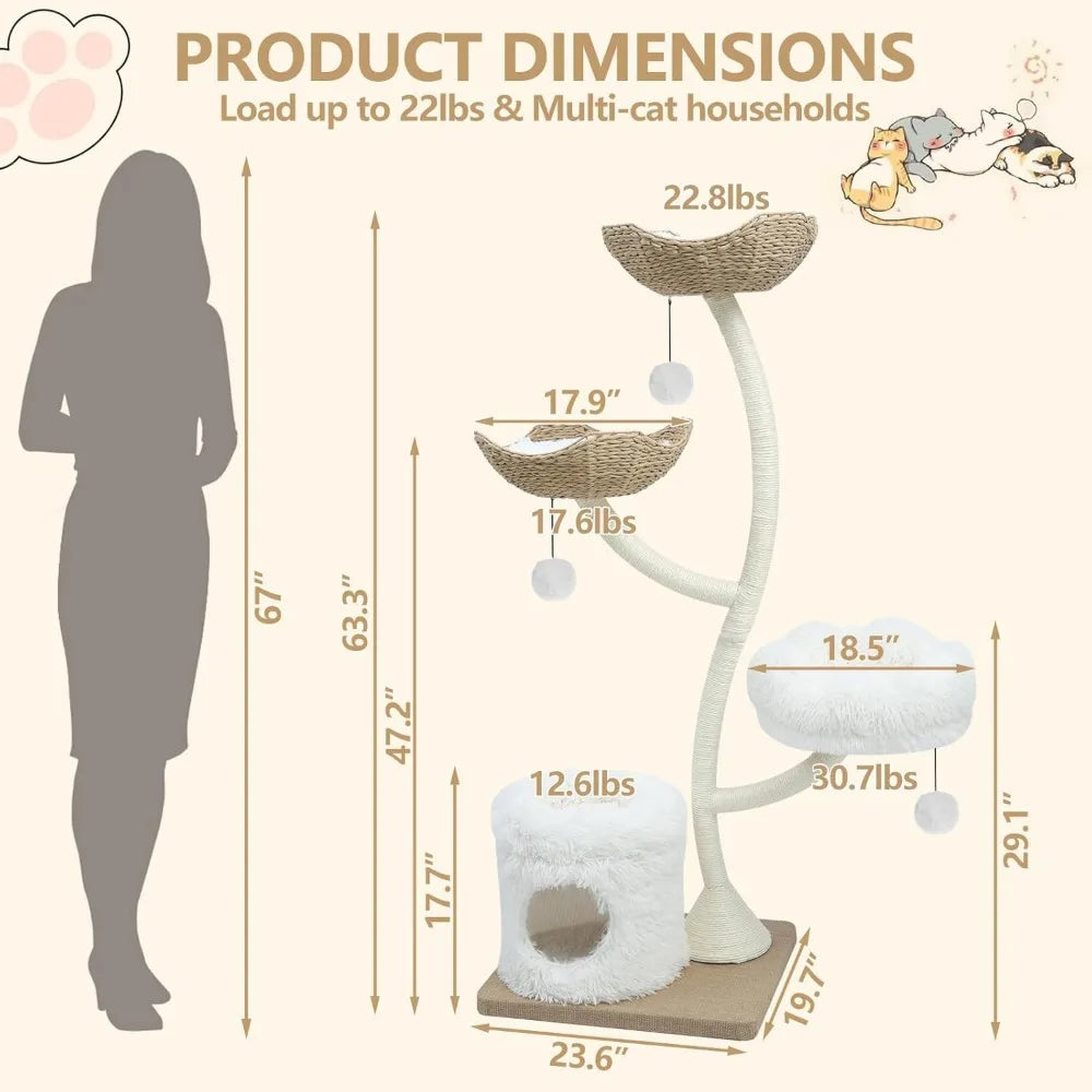Very 63” Cat Tree Tower For Indoor Cats, Multi-Level Large Cat Climbing Furniture With Scratching Posts, Soft Perch, Cozy Cave,