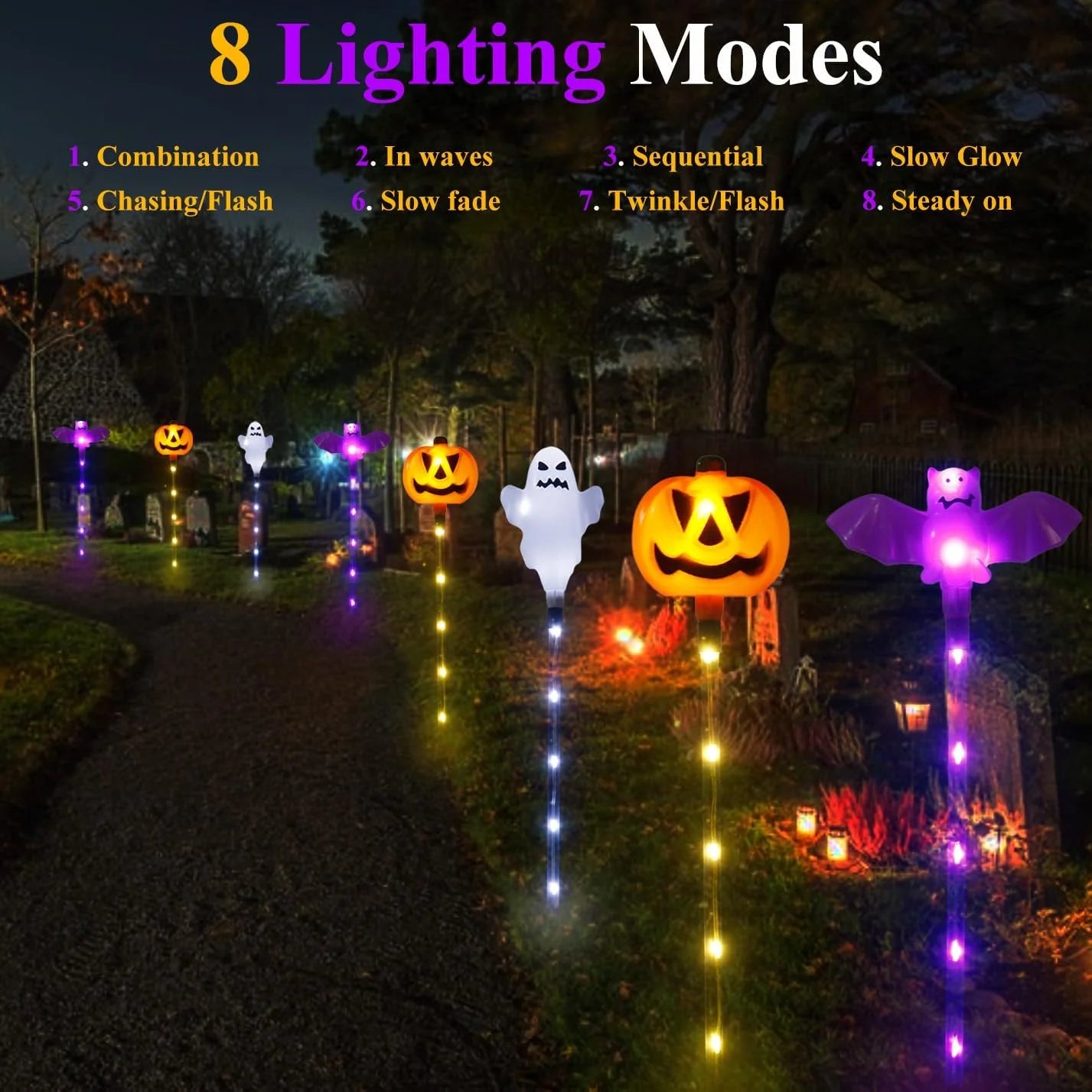 6pcs/Set Solar Powered 8 LED Pumpkin Bat Ghost Garden Stake Light Halloween Outdoor Landscape Lamp For Home Yard Halloween Decor