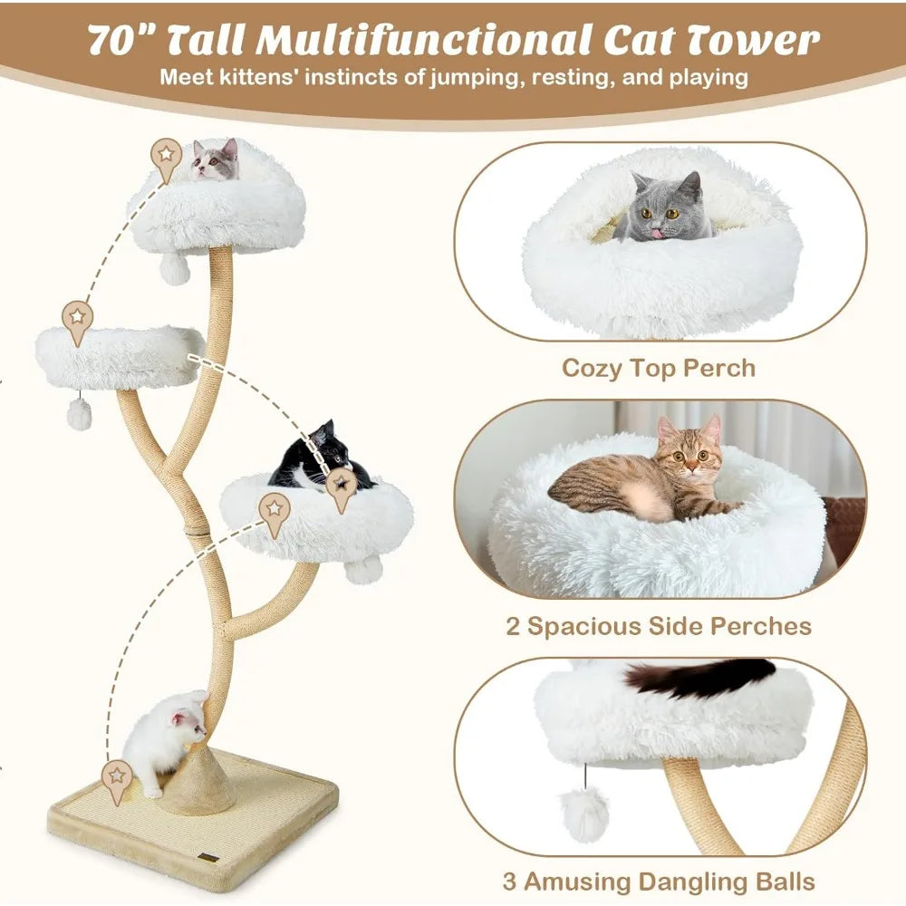 PETSITE 70" Tall Cat Tree, Cat Tower with Scratching Posts and Board, Multi-Level Cat Tower for Large Cats 20 lbs+ with 3 Cozy P
